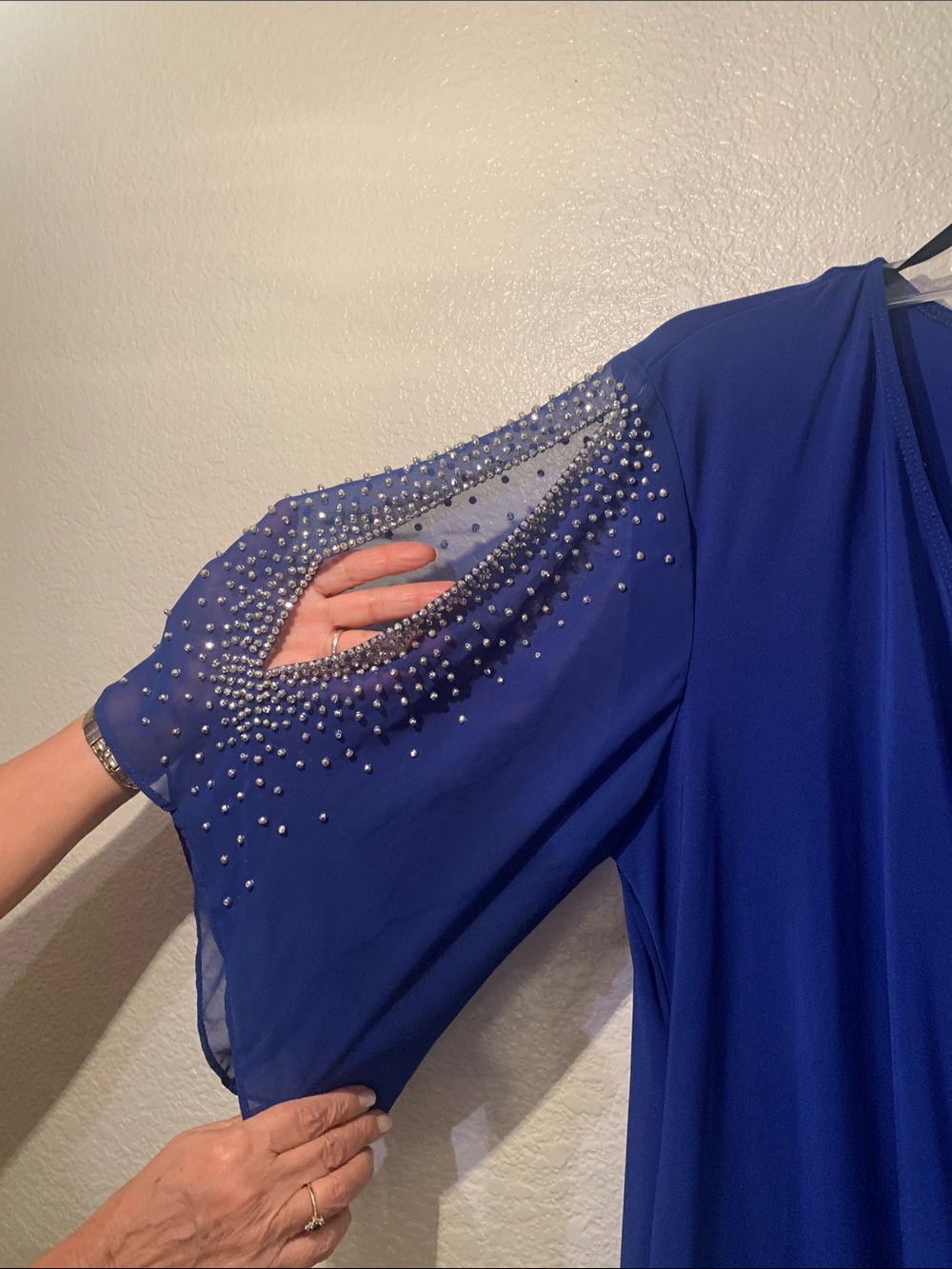 MSK Royal Blue Draped V-Neck Dress with Beaded Sheer Sleeves - Picture 5 of 9